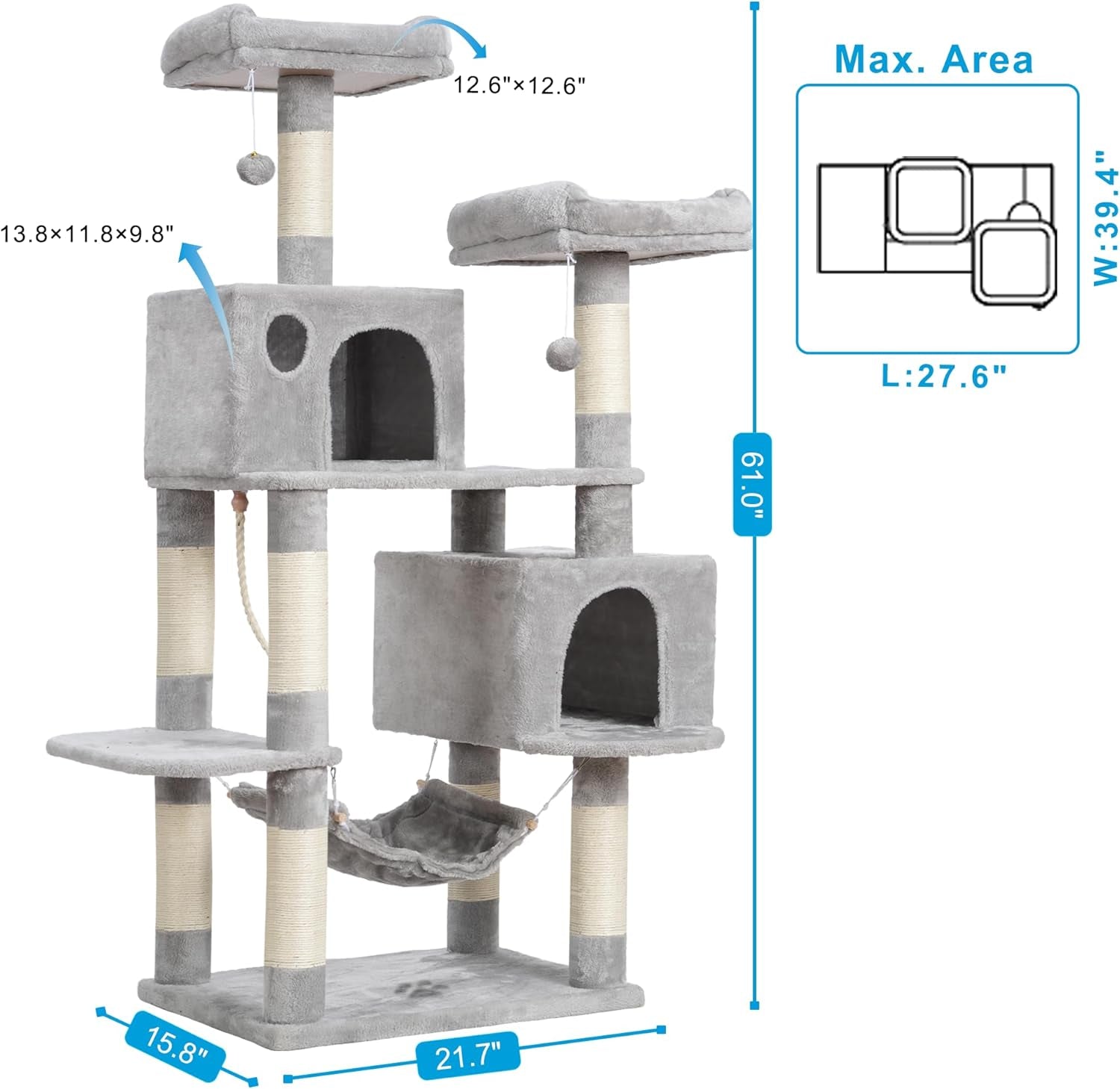 Ultimate Large Multi-Level Cat Tree Condo with Plush Condos, Hammock & Sisal Scratching Posts - Perfect for Cats & Kittens - Light Gray