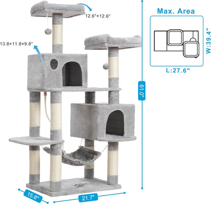 Ultimate Large Multi-Level Cat Tree Condo with Plush Condos, Hammock & Sisal Scratching Posts - Perfect for Cats & Kittens - Light Gray