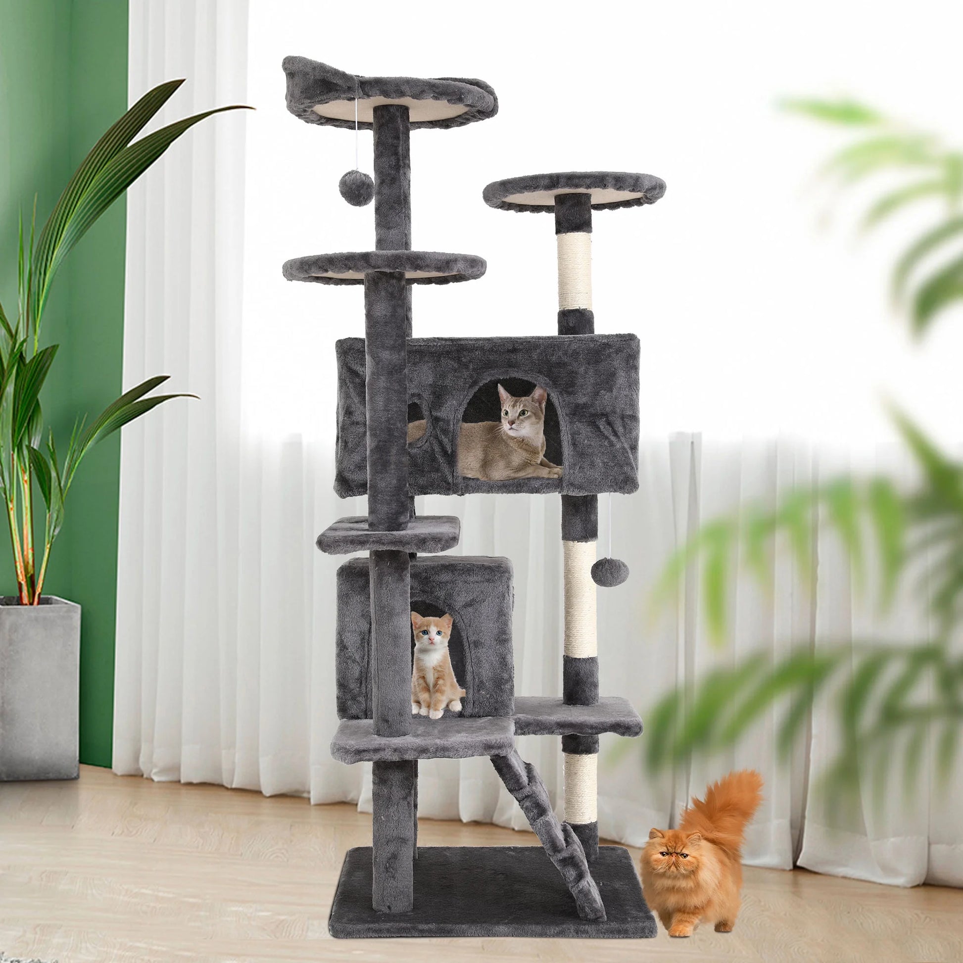 54-In Double Condo Cat Tree Tower Playhouse with Scratching Post & Perch for Indoor, Light Gray