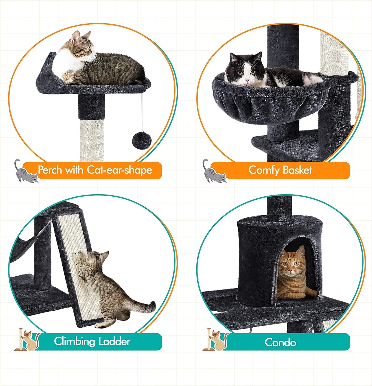 63.5In Multi-Level Cat Tree Tower Condo with Scratching Posts, Platform & Hammock, Cat Activity Center Play Furniture for Kittens, Cats & Pets