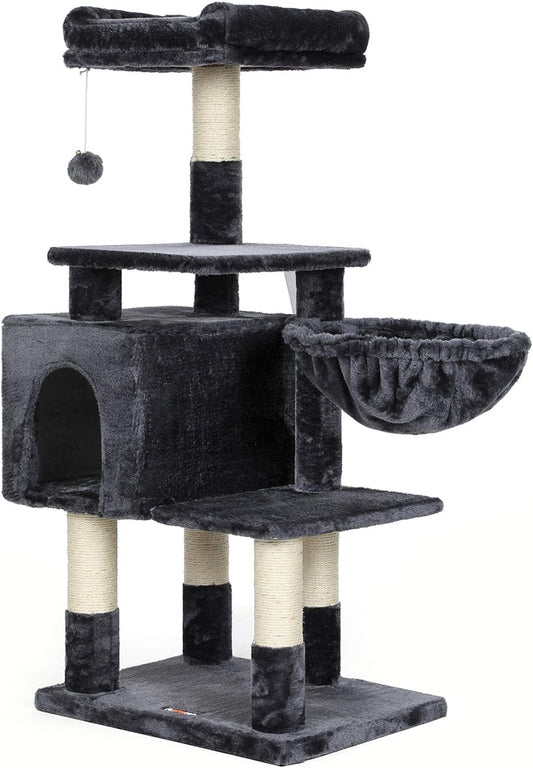 Multi-Level Cat Tree with Cat Cave, Basket Lounger, Padded Perch, Cat Tower, Stable and Safe Plush Cat Condo with Sisal Posts for Kitten, Old Cat, Chubby Cat, Smoky Gray UPCT052G01