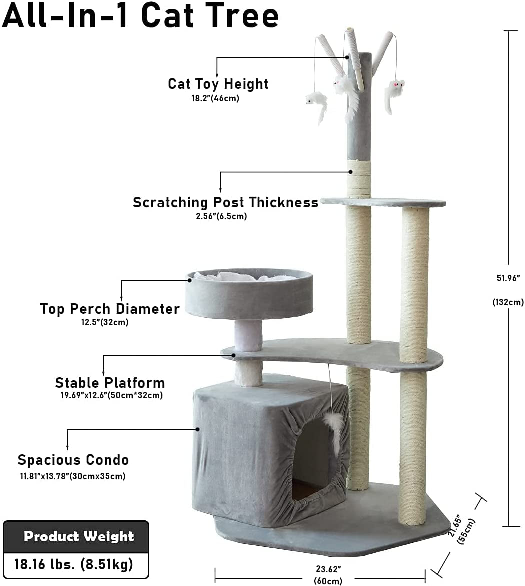 52'' Cat Tree Cat Tower with Scratching Post/Condo/Perch/Platform,Tall Cat Tree for Large Cats and Kitties, Cat Tree House for Indoor Cats