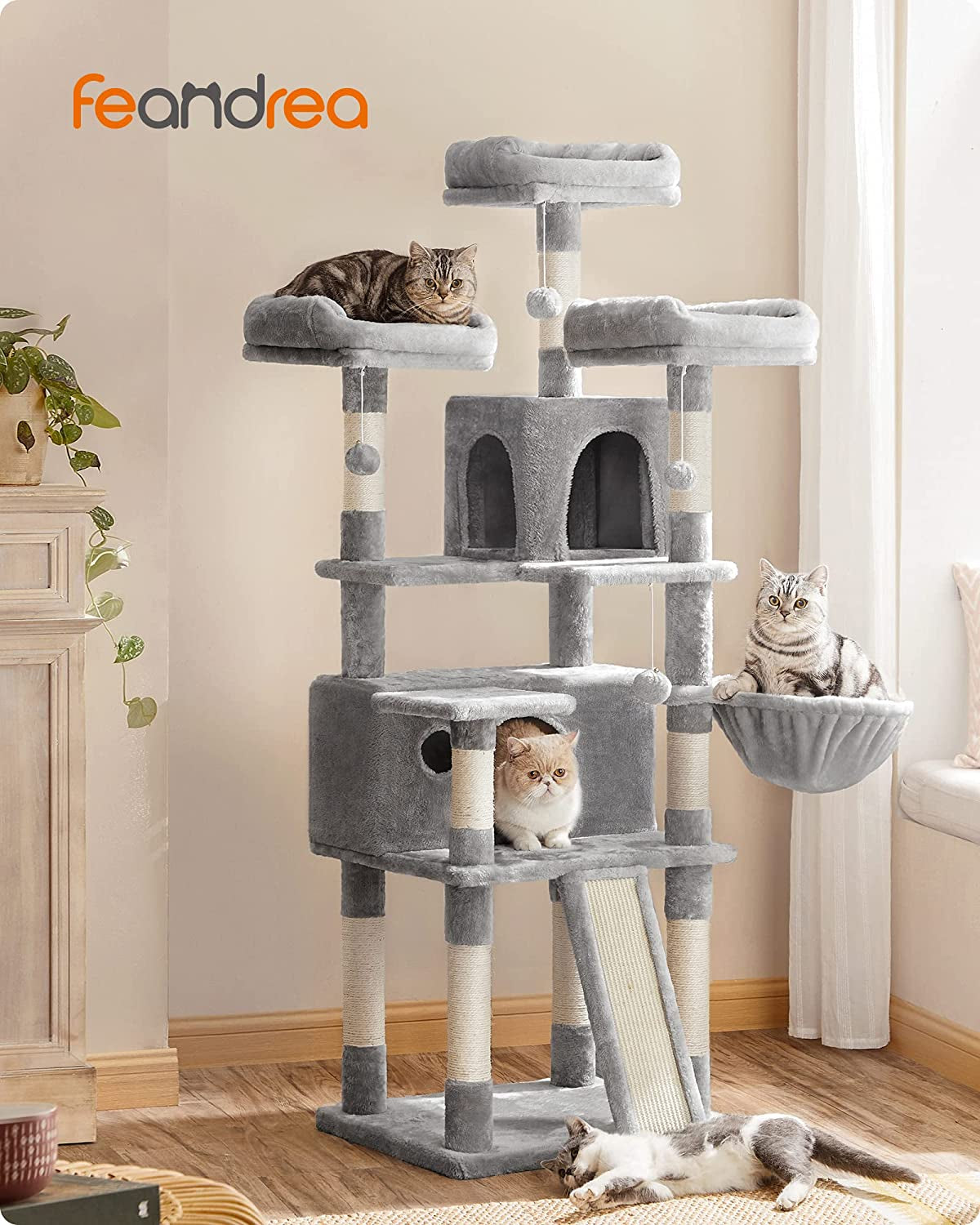 Deluxe 66.5" Light Gray Cat Tree Tower with Scratching Posts, Caves, and Plush Perches - Ultimate Activity Center for Your Feline Friend