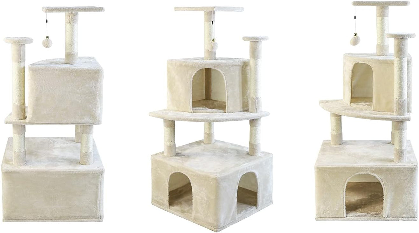 Newly Designed Cat Tree Condo, 46.8'' Multi-Level Large Cat Activity Tree with Cat Scratching Post and Big Cat House (Beige)