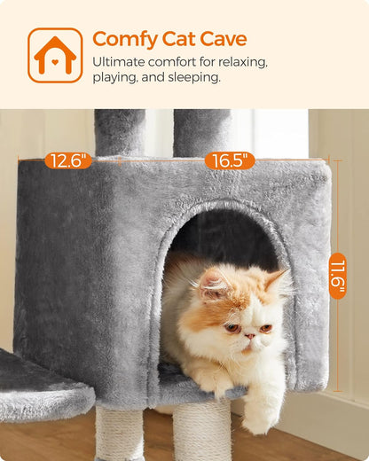 Multilevel Cat Tree with Cat Cave, Basket Lounger, and Padded Perch, Light Gray Cat Tower, Stable and Safe Plush Cat Condo with Sisal Posts for Kitten, Old Cat, Chubby Cat UPCT52W