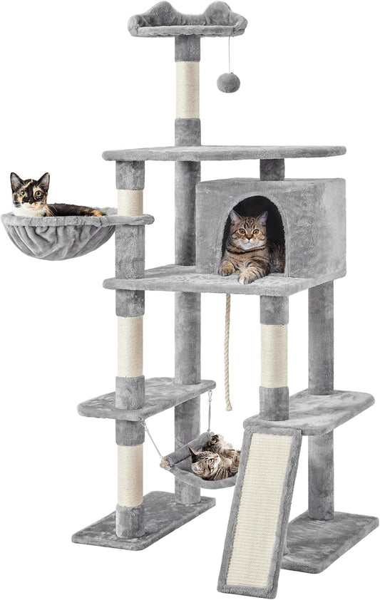 70 Inches Stable Cat Tree with Padded Platform, Replaceable Dangling Balls, Hammock, Basket and Condo, Cat Tower Furniture for Kittens, Cats and Pets