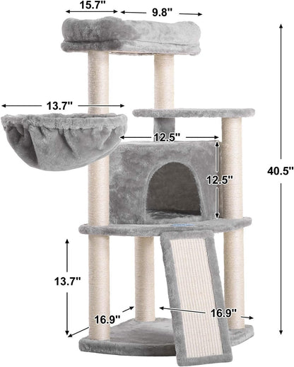 Deluxe 40.5" Cat Tree with Sisal Posts, Plush Perch & Cozy Basket - Light Gray