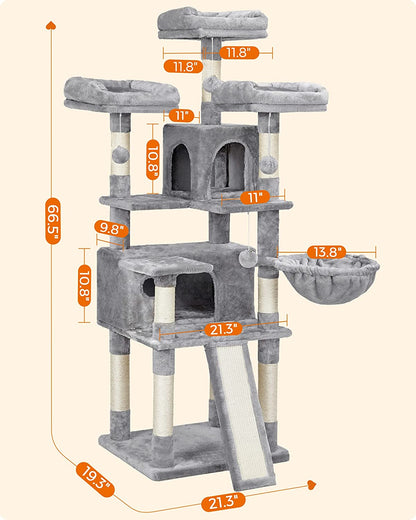 Deluxe 66.5" Light Gray Cat Tree Tower with Scratching Posts, Caves, and Plush Perches - Ultimate Activity Center for Your Feline Friend