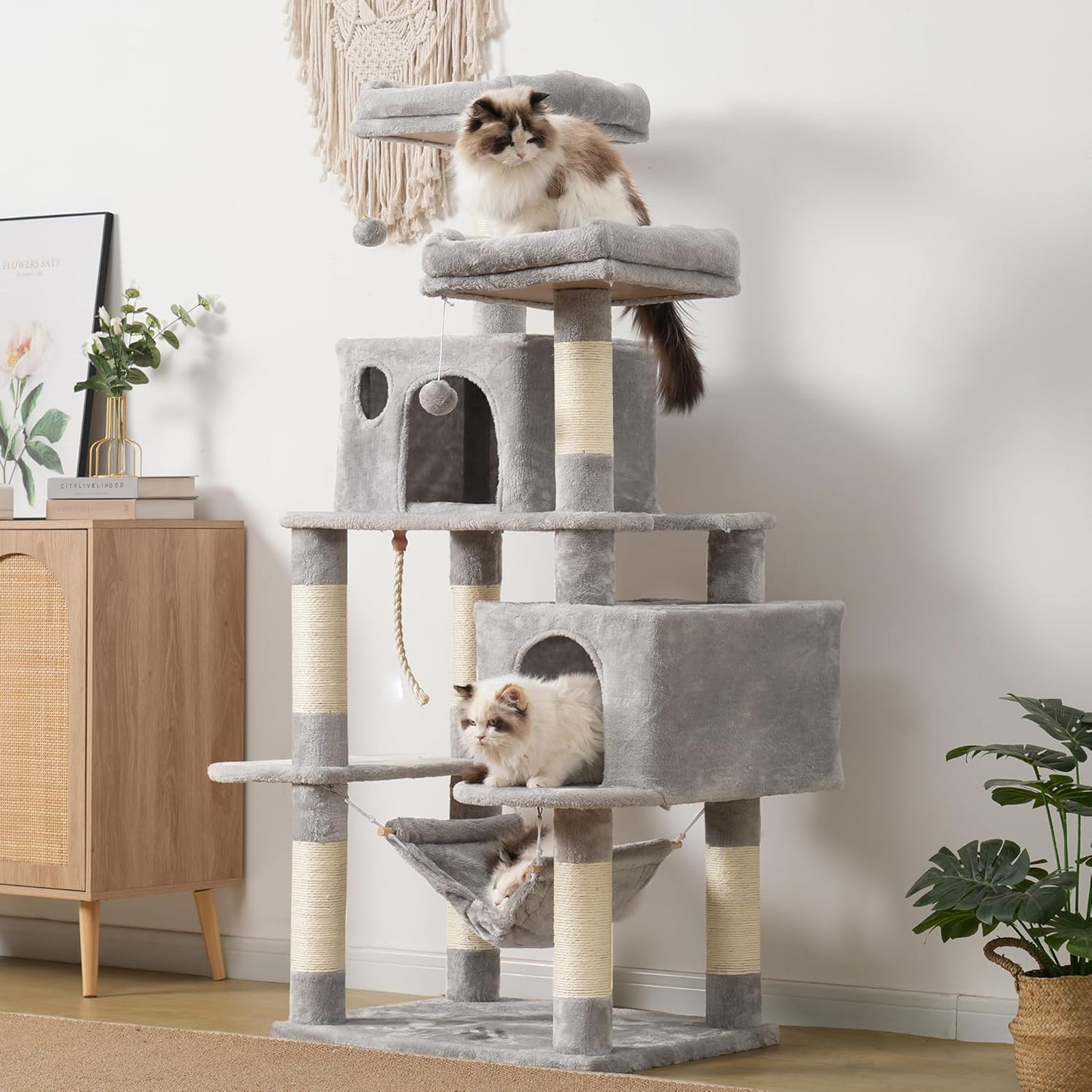 Ultimate Large Multi-Level Cat Tree Condo with Plush Condos, Hammock & Sisal Scratching Posts - Perfect for Cats & Kittens - Light Gray